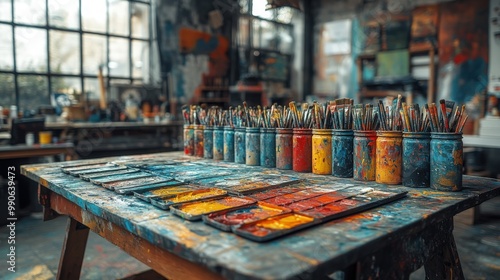 Wallpaper Mural The workshop features a large table covered in colorful paints and brushes, showcasing creativity Torontodigital.ca