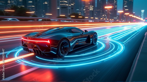 A futuristic sports car scans its surroundings while racing through a neon-lit city. Glowing rings beneath the car highlight its advanced environmental sensors.