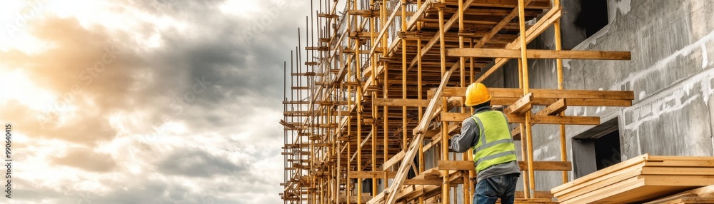 A construction worker in a hard hat inspects wooden scaffolding at a building site during a cloudy sunset. A construction worker in a hard hat inspects wooden scaffolding at a building site during a cloudy sunset.