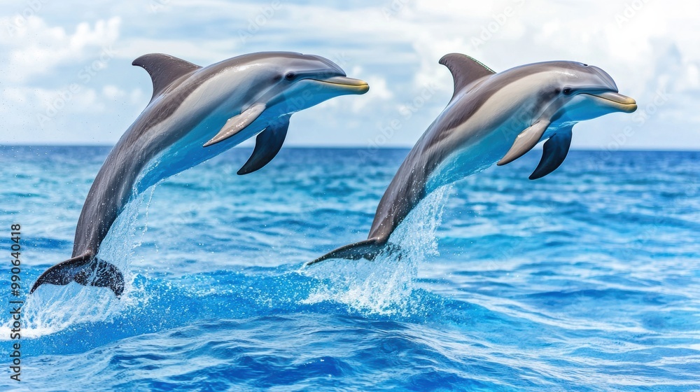 Fototapeta premium Dolphins Jumping Over Blue Ocean Waves