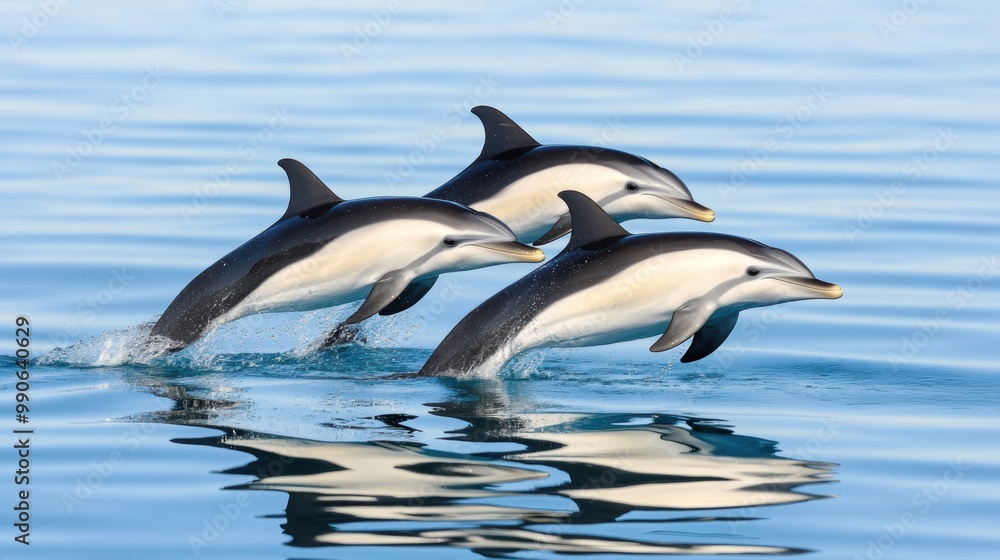 Fototapeta premium Playful Dolphins Swimming in Tranquil Ocean Waters