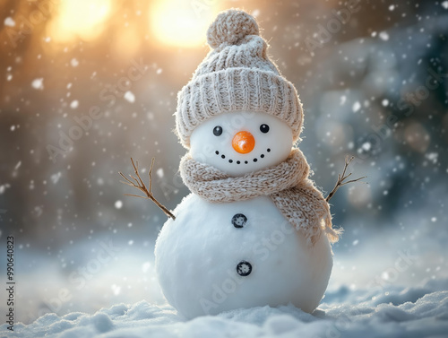 A cute snowman with a carrot nose, button eyes, and a knitted hat and scarf stands in a snowy scene, with snow gently falling and a warm light glowing in the background.