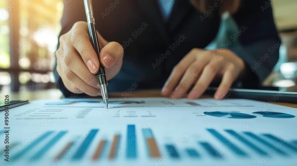 A businesswoman's hand writing on a document with graphs and charts. A businesswoman's hand writing on a document with graphs and charts.