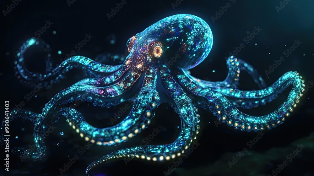 A Bioluminescent Octopus Glowing in the Deep Sea A Bioluminescent Octopus Glowing in the Deep Sea