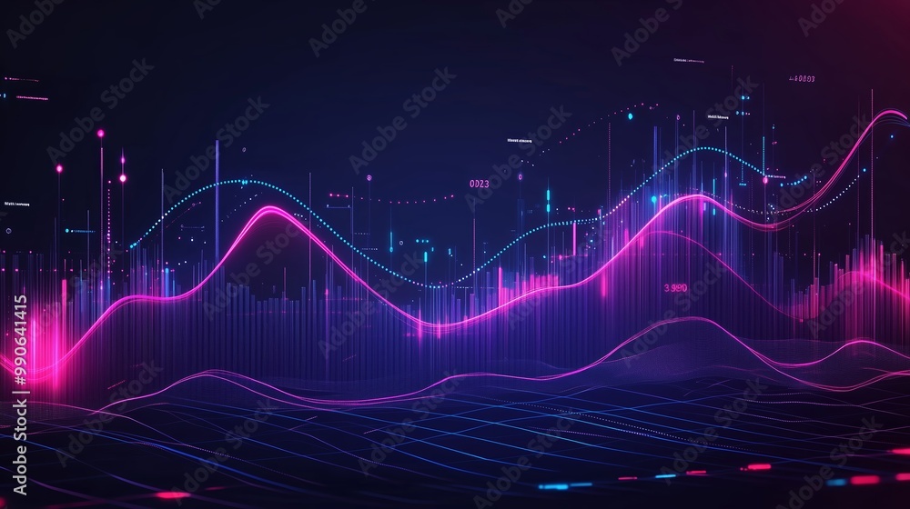 Dynamic visualization of data trends with vibrant colors depicting market fluctuations in a digital environment Dynamic visualization of data trends with vibrant colors depicting market fluctuations in a digital environment