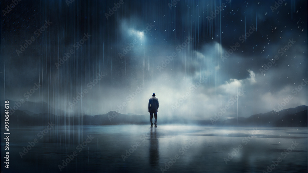 Lonely figure standing in the rain on a reflective surface under a dramatic stormy sky Lonely figure standing in the rain on a reflective surface under a dramatic stormy sky
