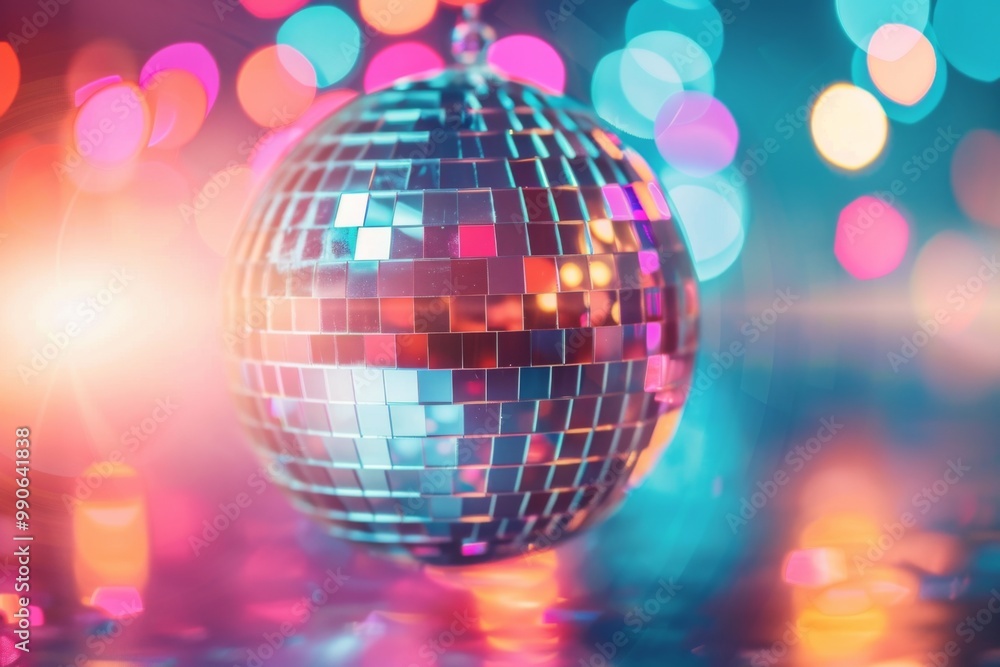 Obraz premium The colorful disco mirror ball casts shimmering reflections in a bustling nightclub, creating an electrifying atmosphere where partygoers dance and celebrate to lively music.
