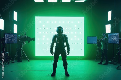 A film actor wearing a motion capture robot suit on a film set, surrounded by a green screen and professional film lighting. The scene captures the high-tech process of creating CGI and special effect