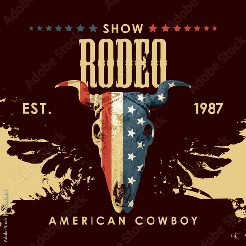 Banner for Cowboy Rodeo show in retro style. Vector illustration with  skull of bull with USA flag and lettering on background with black wings. Suitable for poster, label, flyer, banner, invitation