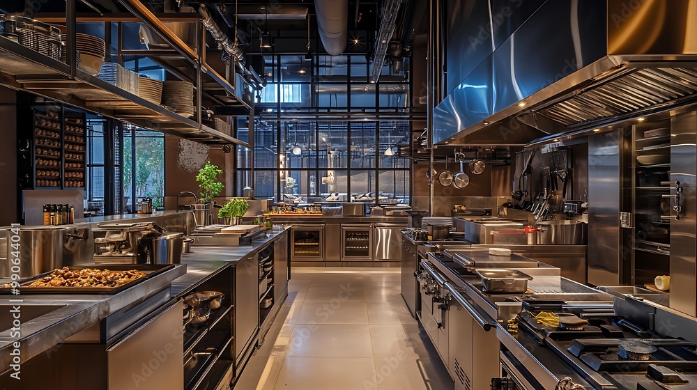 Fototapeta premium Modern Minimalist Kitchen Room with Wooden Table, luxurious Interior Design, Furniture with Background