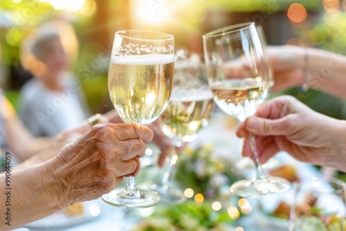 A joyful family gathers in a lush garden, raising their glasses in a heartfelt toast as sunlight filters through the trees, marking a special moment together.