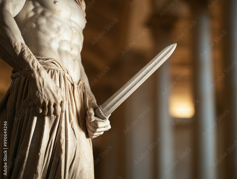 Obraz premium A detailed close-up of a classical statue holding a sword, showcasing the artistry and craftsmanship of ancient sculpture.