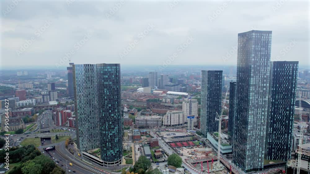 Commercial area, highrise tower office building in Deansgate Manchester, overcast day, aerial view Commercial area, highrise tower office building in Deansgate Manchester, overcast day, aerial view