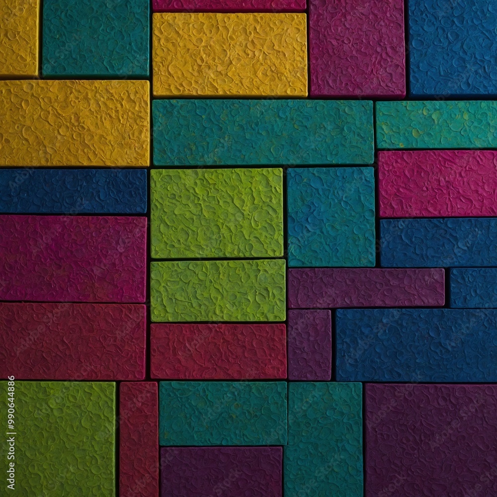 Fototapeta premium Colorful abstract geometric shapes in various shades of green, yellow, red, and purple
