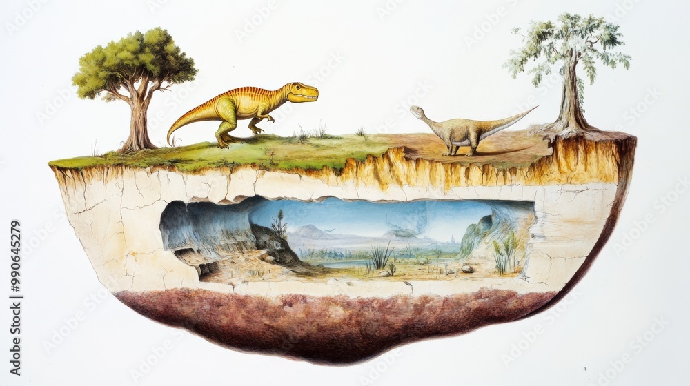 Fototapeta premium Prehistoric Panorama of Surreal Landscape with Dinosaur