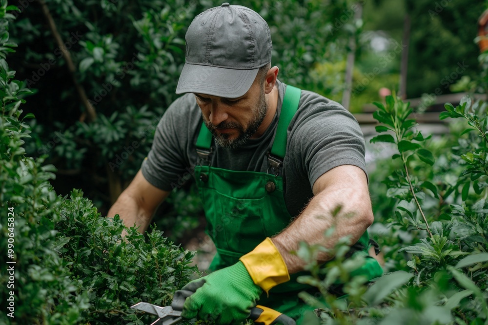 A gardener pruning bushes with precision, wearing a green apron and gloves, demonstrating meticulous care in gardening. A gardener pruning bushes with precision, wearing a green apron and gloves, demonstrating meticulous care in gardening.