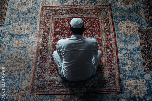 Above view of Muslim man in a prayer at mosque, Generative AI photo