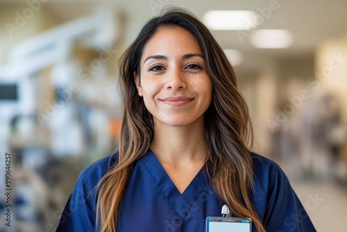 Portrait of a smiling female healthcare professional in a hospital setting wearing navy blue scrubs
