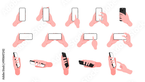 Human Hand Holding Mobile Phone Horizontally and Vertically with Blank Screen. Different Angles of mobile phone with Finger Tapping and touching on Display. Vector.