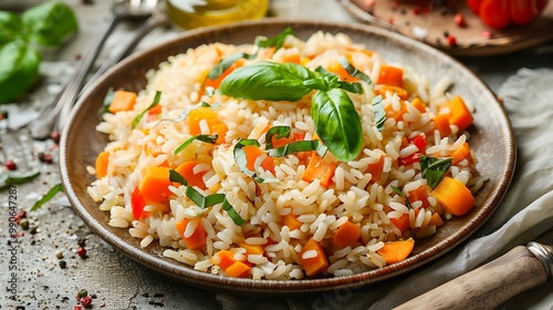 Rice with carrot and basil on a dark wood background