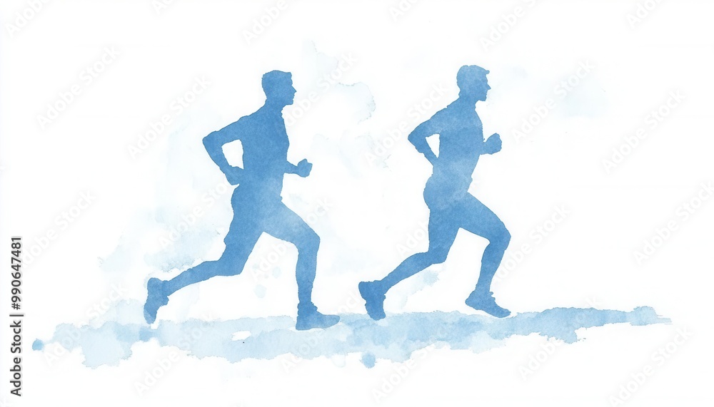 Blue watercolor illustration of two runners in motion on a white background. Blue watercolor illustration of two runners in motion on a white background.