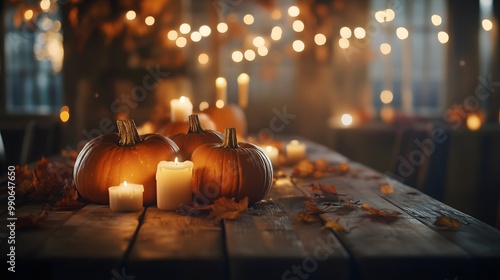 Pumpkins on a Rustic Table with Flickering Candles and Warm String Lights photo