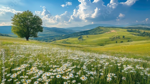 A single tree stands tall amidst a field of daisies in a rolling green meadow under a cloudy blue sky.