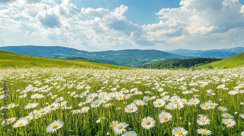 Wallpaper Mural A lush green meadow covered in blooming daisies against a backdrop of rolling hills and a blue sky with puffy white clouds. Torontodigital.ca