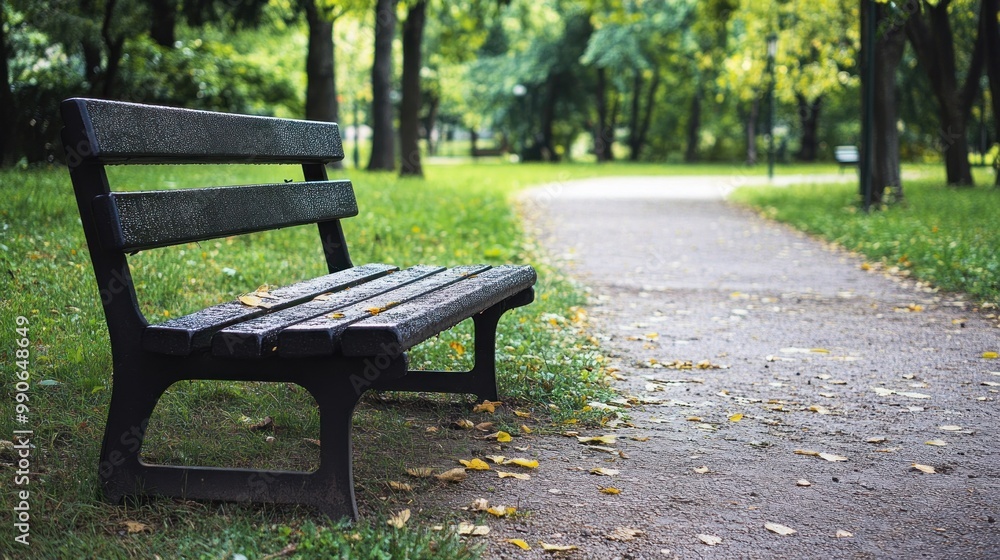 A serene park scene featuring a wooden bench along a pathway surrounded by greenery. A serene park scene featuring a wooden bench along a pathway surrounded by greenery.