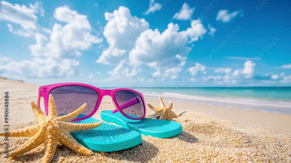 Pink sunglasses, flip flops and a starfish on a sandy beach.