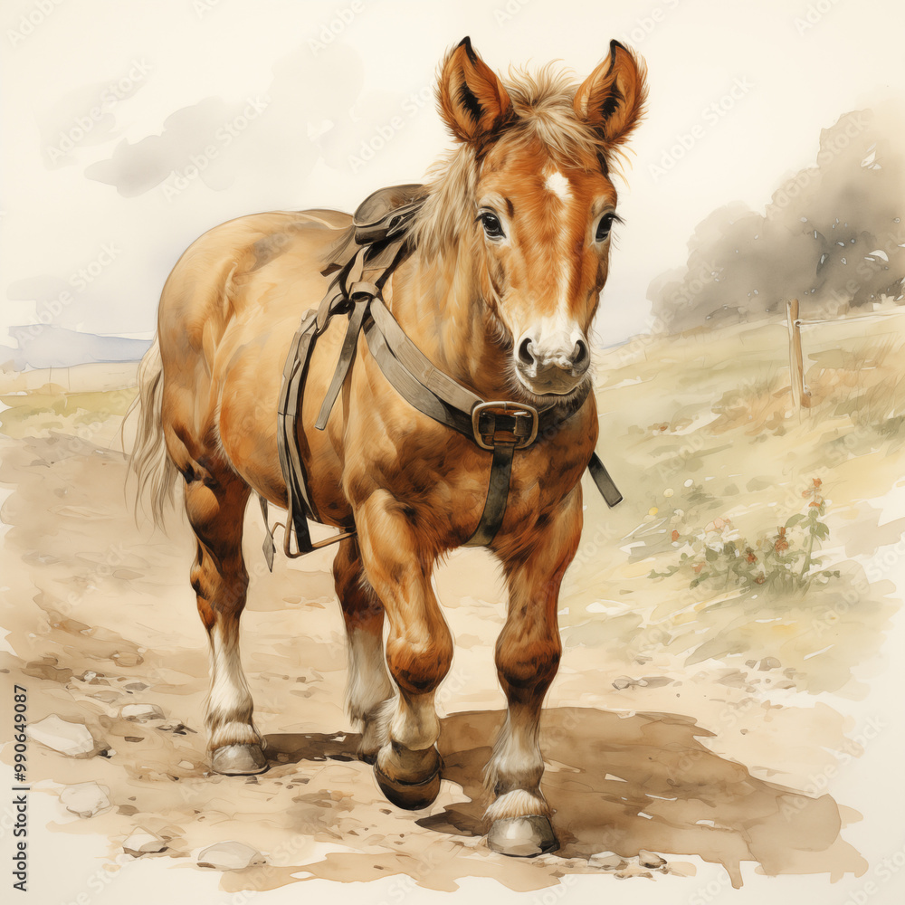 Fototapeta premium Friendly brown horse walking along a path, playful and curious, surrounded by a picturesque countryside backdrop