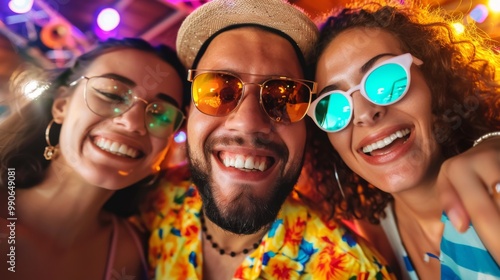 A lively group of stylish friends captures the essence of summer fun as they enjoy a carefree night at a trendy bar, radiating joy and positivity together.