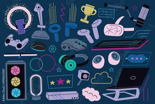 Vector illustration set of gaming equipment and accessories, collection of controllers, headphones, microphones, VR gear, and gaming peripherals. Flat cartoon style, ideal for tech and gaming themes