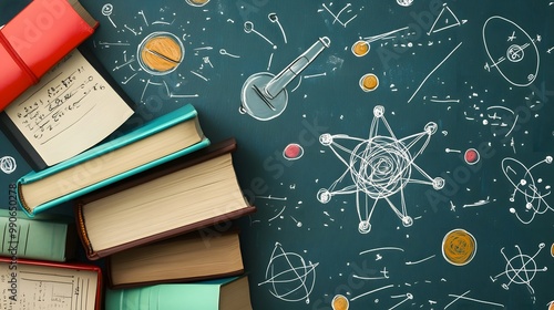 Stack of Books with Science Drawings on Green Background