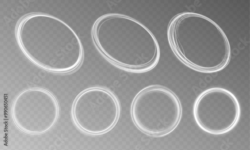 Set of white shiny wavy ellipses and spirals. Sparkling magical dust particles. Bright Star. Transparent shining sun, bright flash.