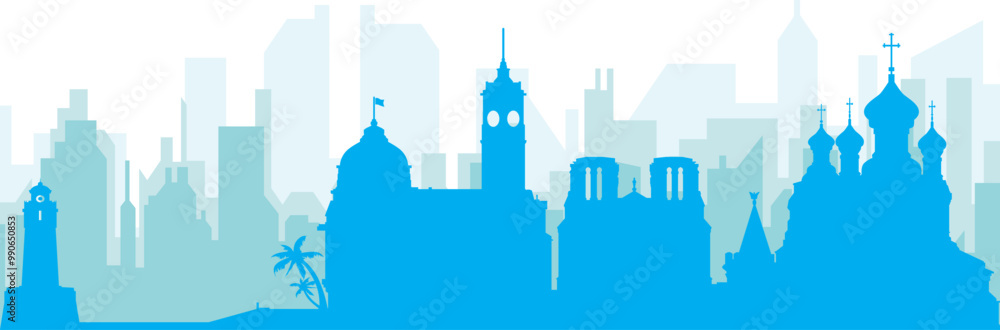 Obraz premium Blue panoramic city skyline poster with bluish misty transparent background buildings of NICE, FRANCE