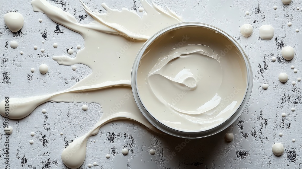 White paint spills from an open can, creating a textured pattern on the surface beneath White paint spills from an open can, creating a textured pattern on the surface beneath