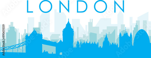 Blue panoramic city skyline poster with bluish misty transparent background buildings of LONDON, UNITED KINGDOM