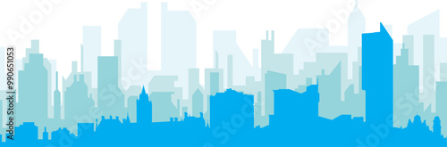 Blue panoramic city skyline poster with bluish misty transparent background buildings of MANCHESTER, UNITED KINGDOM