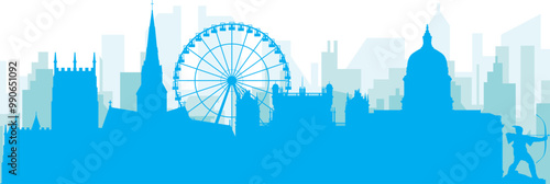 Blue panoramic city skyline poster with bluish misty transparent background buildings of NOTTINGHAM, UNITED KINGDOM