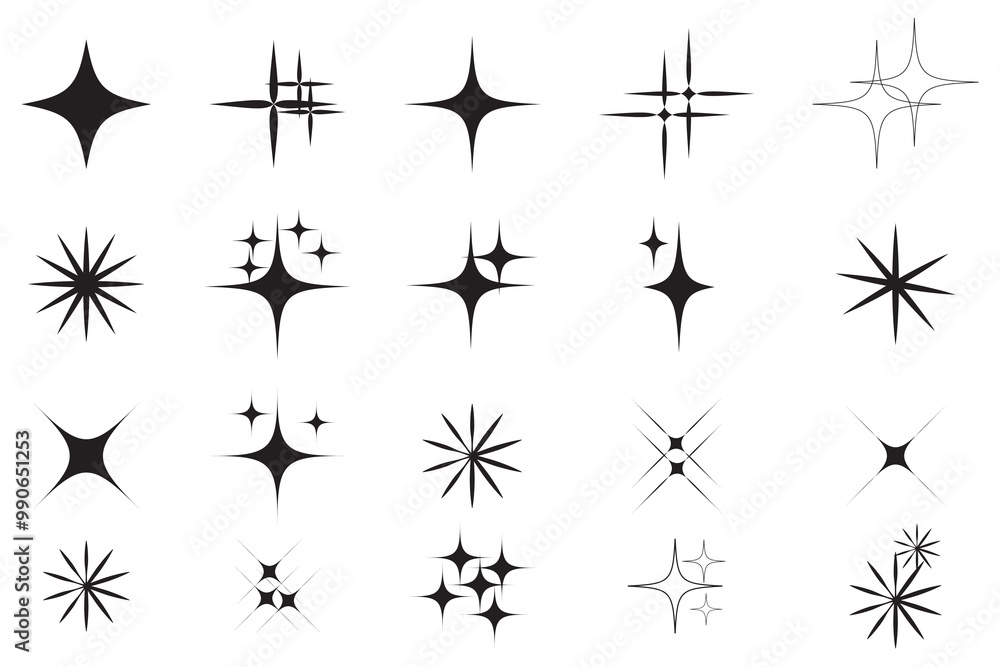 Set of twinkling stars vector. Shiny sparks icon. Minimalist twinkle star shape symbols. Twinkling spark and burst icons set. Modern geometric elements, shining star icon set. Vector illustration. Set of twinkling stars vector. Shiny sparks icon. Minimalist twinkle star shape symbols. Twinkling spark and burst icons set. Modern geometric elements, shining star icon set. Vector illustration.