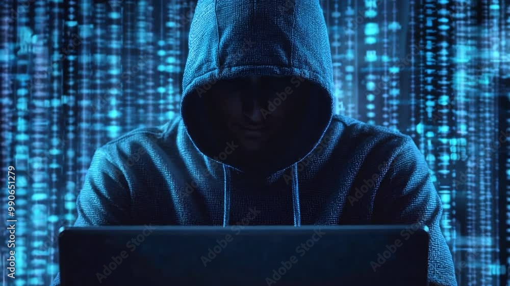 Hacker in hood with binary code background, hacker concept design for online security and cyber attack on the internet technology network. ,generative ai
