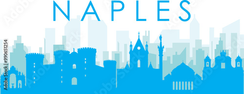 Blue panoramic city skyline poster with bluish misty transparent background buildings of NAPLES, ITALY