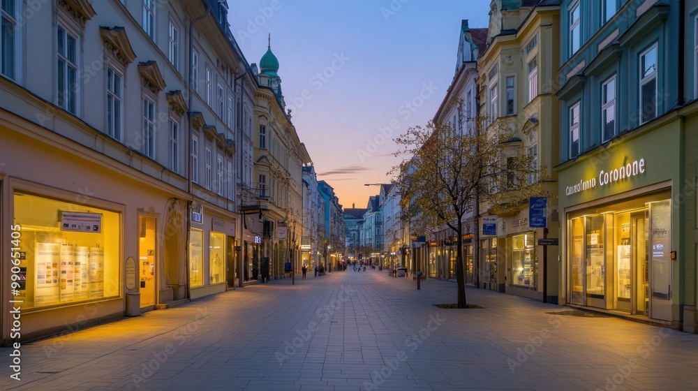 A serene urban street at dusk, showcasing shops and a calm atmosphere. A serene urban street at dusk, showcasing shops and a calm atmosphere.