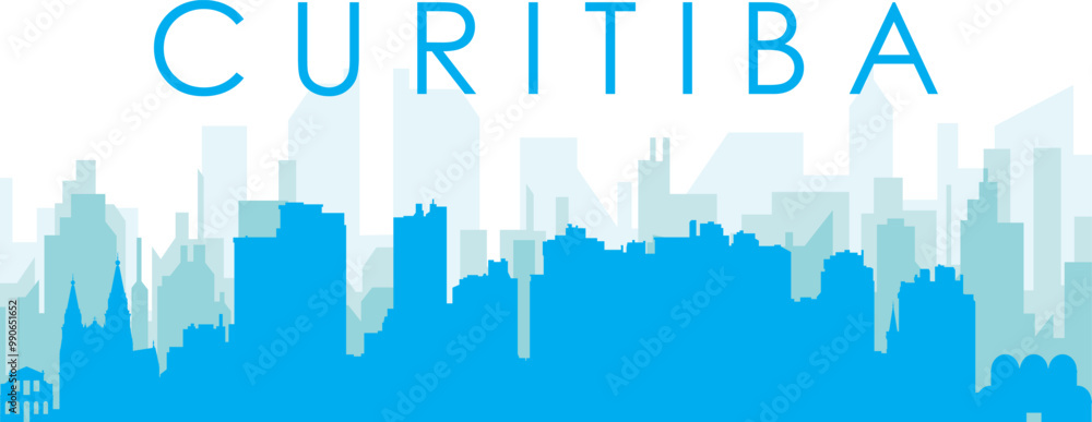 Blue panoramic city skyline poster with bluish misty transparent background buildings of CURITIBA, BRAZIL Blue panoramic city skyline poster with bluish misty transparent background buildings of CURITIBA, BRAZIL