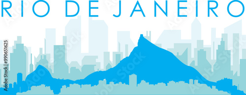 Blue panoramic city skyline poster with bluish misty transparent background buildings of RIO DE JANEIRO, BRAZIL