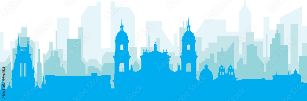 Blue panoramic city skyline poster with bluish misty transparent background buildings of BOGOTA, COLOMBIA Blue panoramic city skyline poster with bluish misty transparent background buildings of BOGOTA, COLOMBIA