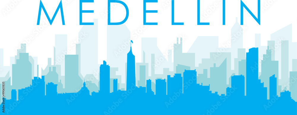 Blue panoramic city skyline poster with bluish misty transparent background buildings of MEDELLIN, COLOMBIA Blue panoramic city skyline poster with bluish misty transparent background buildings of MEDELLIN, COLOMBIA