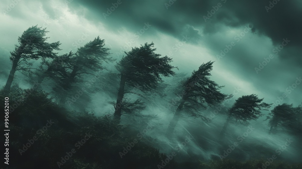 Obraz premium Trees swaying violently in a storm with rain blowing in heavy gusts and dark clouds looming above highlighting the power of nature