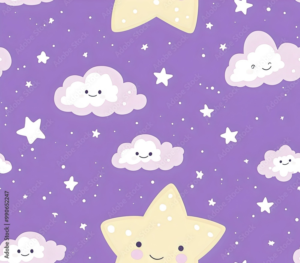 Seamless pattern of cute clouds and star on a pastel purple background, cartoon illustration. Generative AI Seamless pattern of cute clouds and star on a pastel purple background, cartoon illustration. Generative AI